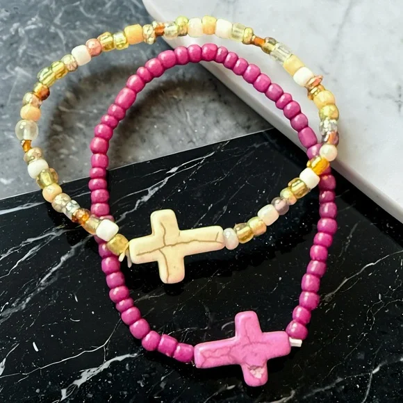 Hand Crafted Pink and Cream Beaded Cross Bracelets - Picture 5 of 6